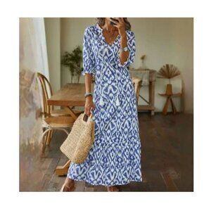 SOLD - Floral Summer Casual V Neck Daily Loose Long H Line Dress